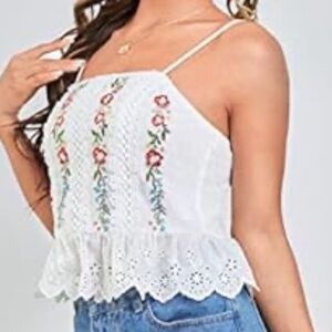 Shein Floral Embroidered Eyelet Ruffle Cami Top | Size M